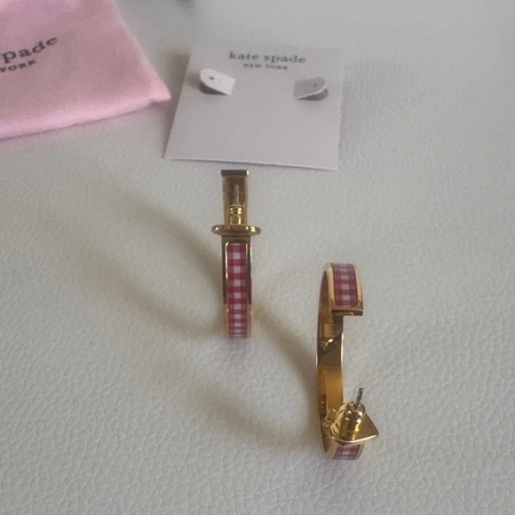 Kate Spade Gold and Pink Checkered Hoop Earrings - Picture 12 of 12
